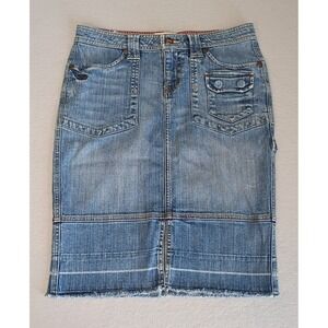 Candies Vintage Y2K Denim MIDI Pencil Skirt Women's Size 7 Slit Front Crown Logo